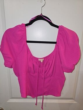 Fuchsia Puff-Sleeve Tie-Front Blouse